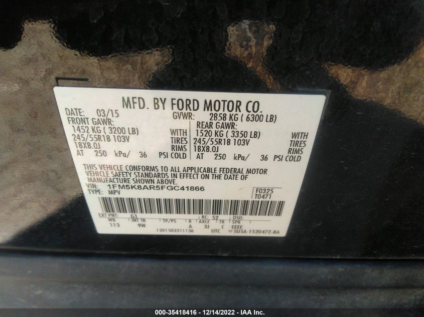 2015 FORD UTILITY POLICE 1FM5K8AR5FGC41866