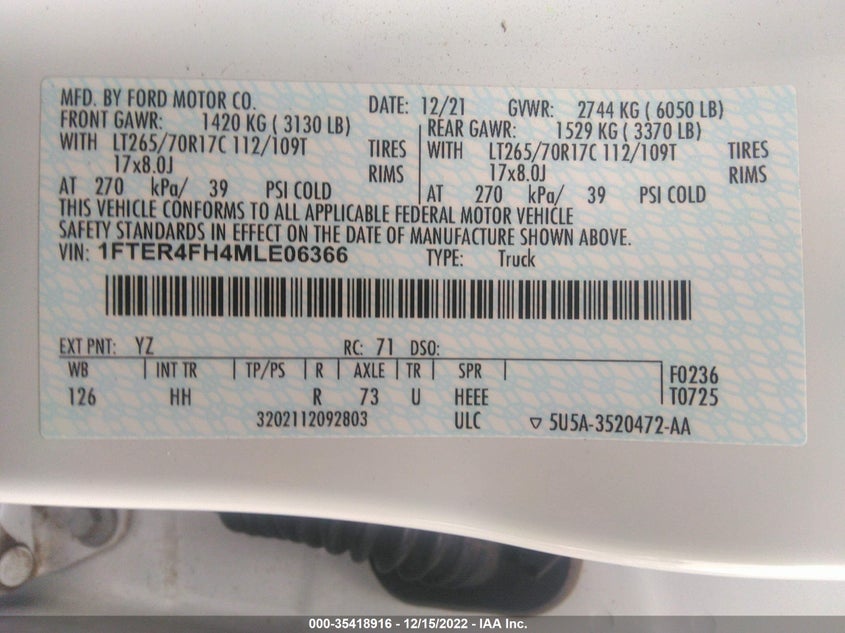 VIN 1FTER4FH4MLE06366 2021 FORD RANGER XL/XLT/LARIAT
