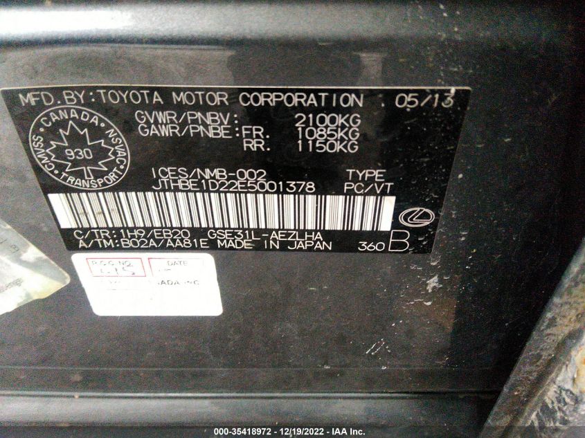 2014 LEXUS IS 350 JTHBE1D22E5001378