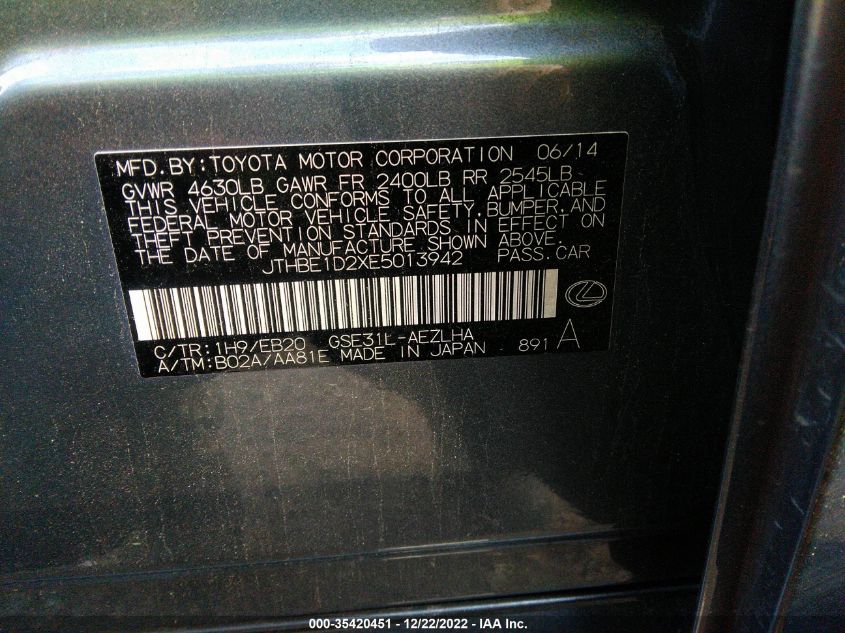 2014 LEXUS IS 350 JTHBE1D2XE5013942