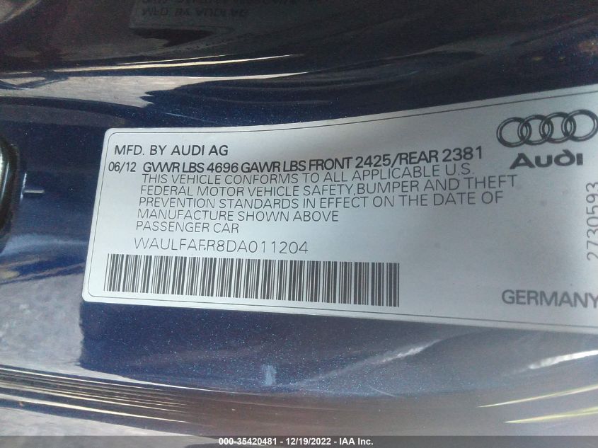 2013 AUDI A5 PREMIUM PLUS WAULFAFR8DA011204