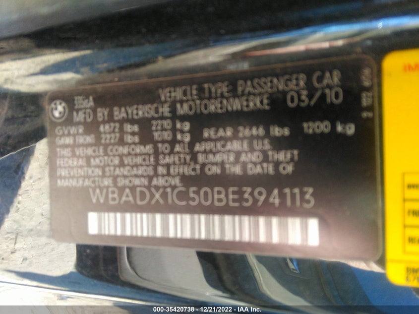 2011 BMW 3 SERIES VIN: WBADX1C50BE394113