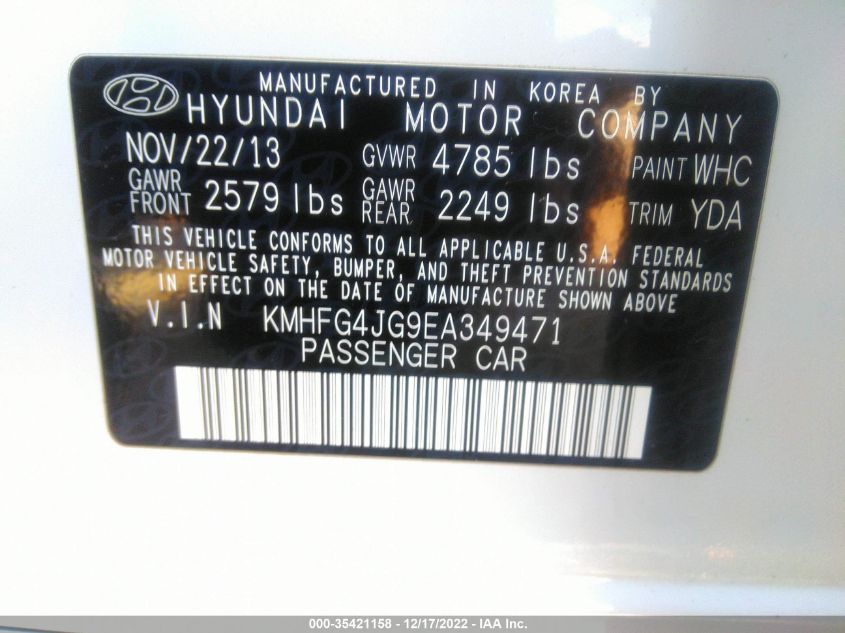 2014 HYUNDAI AZERA KMHFG4JG9EA349471