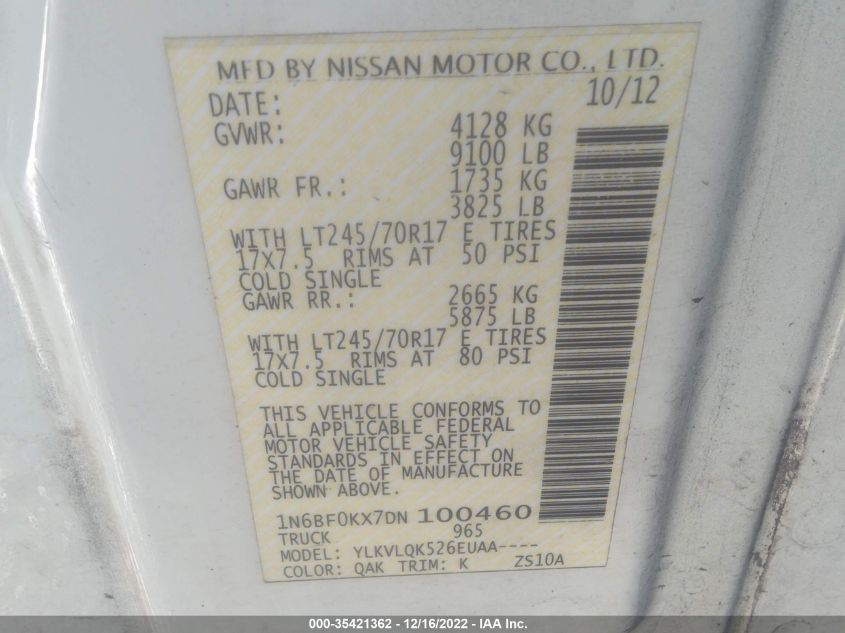 2013 NISSAN NV S 1N6BF0KX7DN100460