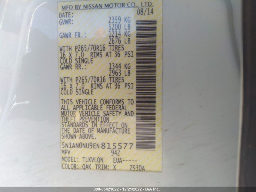 2014 NISSAN XTERRA X 5N1AN0NU9EN815577