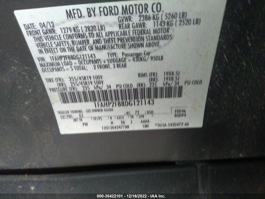 2013 FORD TAURUS LIMITED - 1FAHP2F88DG121143