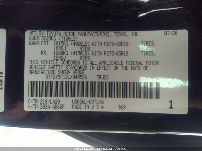 2020 TOYOTA TUNDRA 4WD LIMITED 5TFBY5F12LX945526