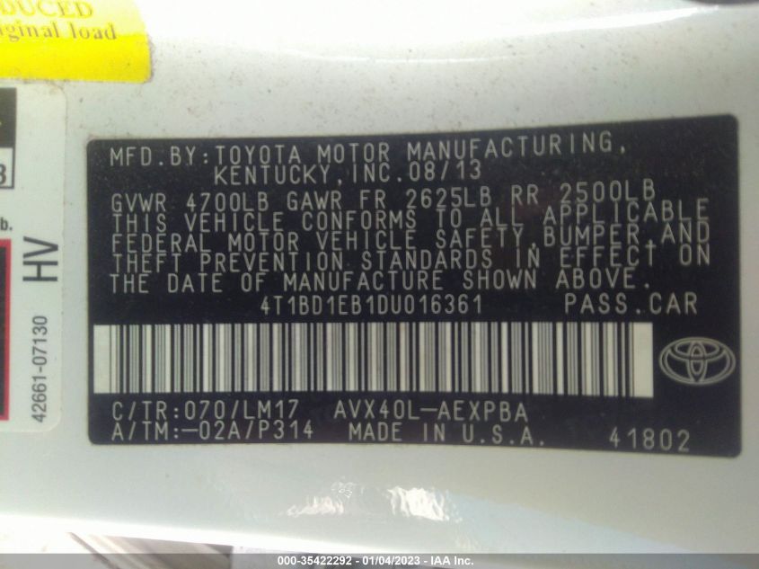 2013 TOYOTA AVALON HYBRID XLE PREMIUM 4T1BD1EB1DU016361