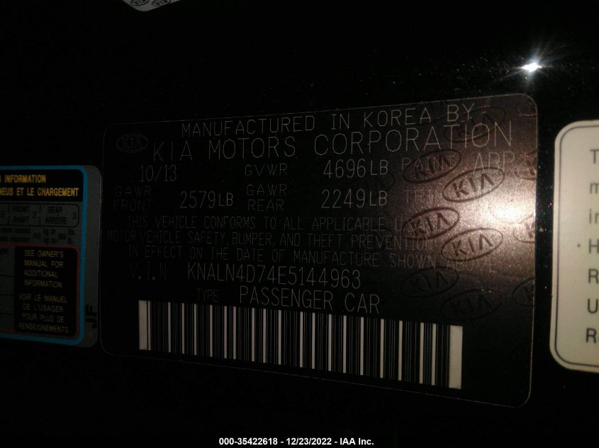 2014 KIA CADENZA LIMITED KNALN4D74E5144963