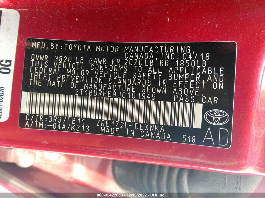 VIN 2T1BURHE9JC101949 2018 TOYOTA COROLLA L/LE/XLE/SE/XSE