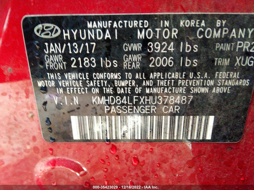VIN KMHD84LFXHU378487 2017 HYUNDAI ELANTRA SE