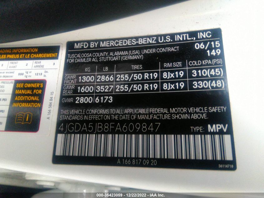 2015 MERCEDES-BENZ M-CLASS ML 350 - 4JGDA5JB8FA609847