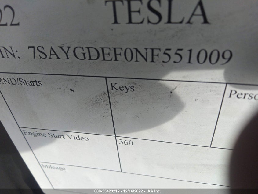 VIN 7SAYGDEF0NF551009 2022 TESLA MODEL Y PERFORMANCE