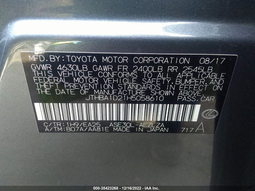 2017 LEXUS IS IS TURBO JTHBA1D21H5058610