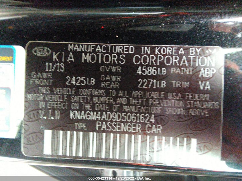 2013 KIA OPTIMA HYBRID LX KNAGM4AD9D5061624