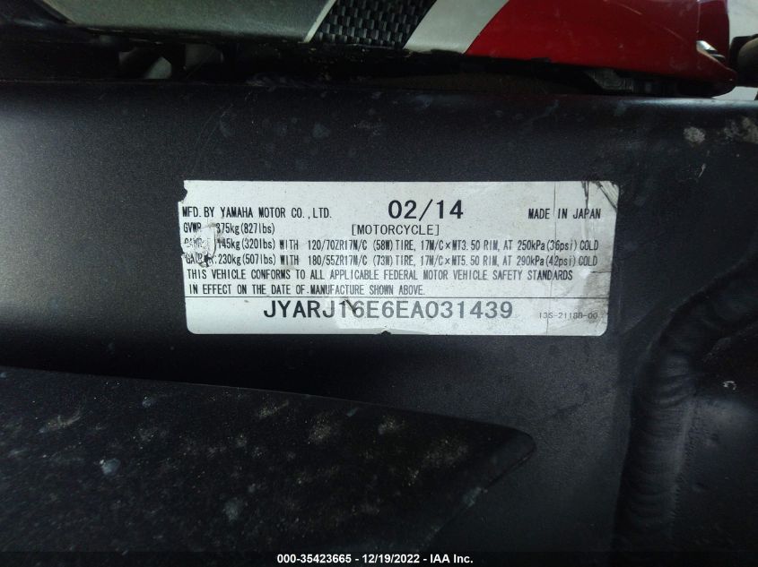 2014 YAMAHA YZFR6 JYARJ16E6EA031439