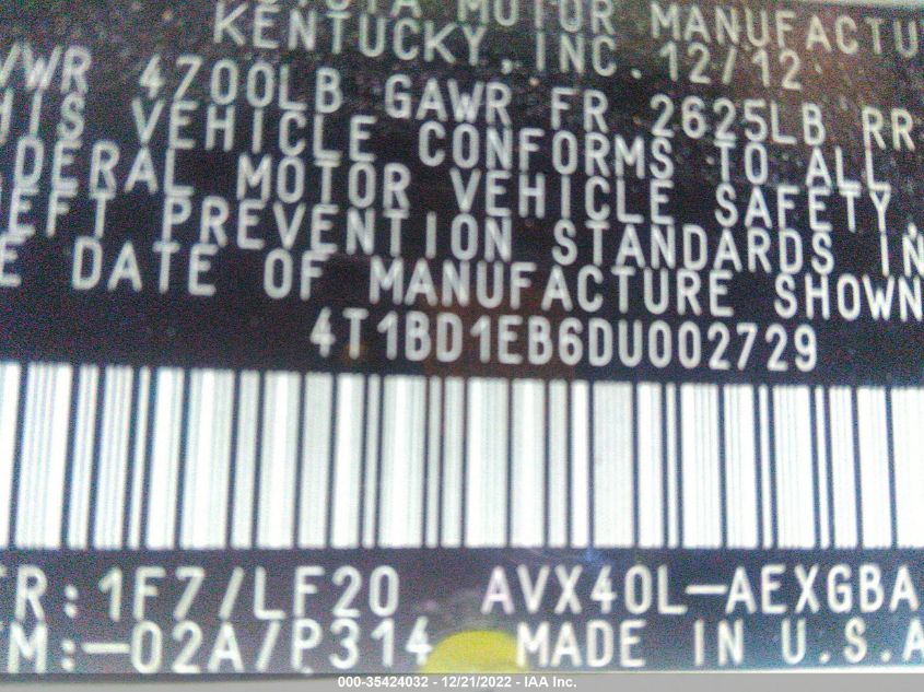 2013 TOYOTA AVALON HYBRID XLE PREMIUM 4T1BD1EB6DU002729