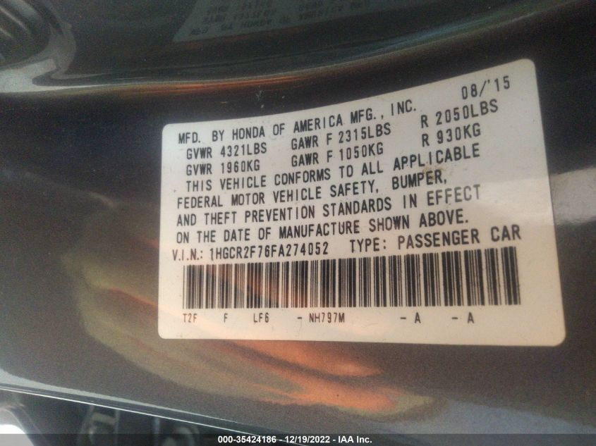 2015 HONDA ACCORD SEDAN EX - 1HGCR2F76FA274052