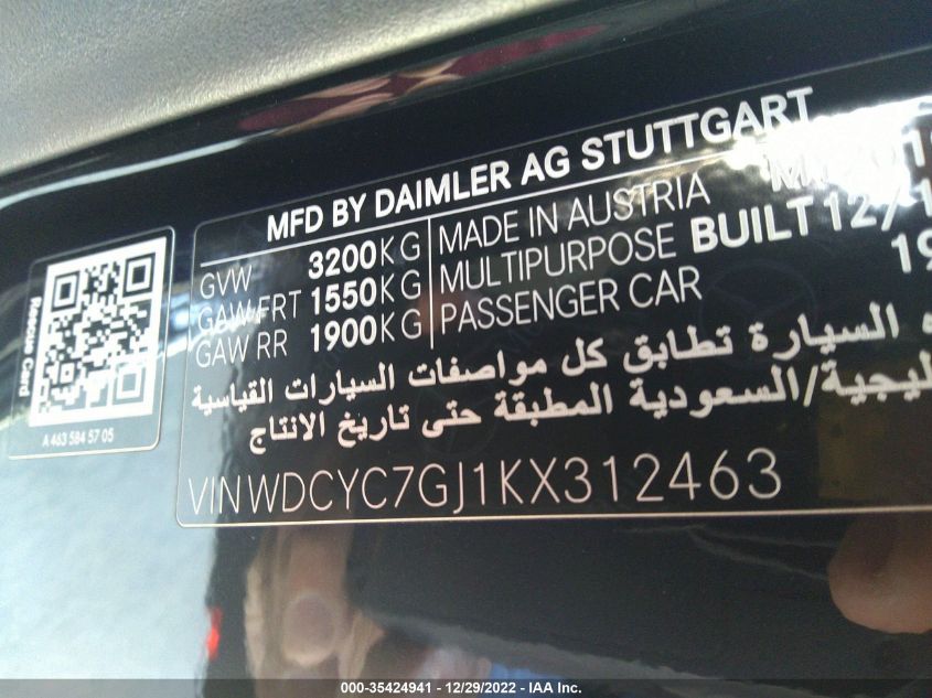 2019 MERCEDES-BENZ G 63 AMG 63 AMG - WDCYC7GJ1KX312463