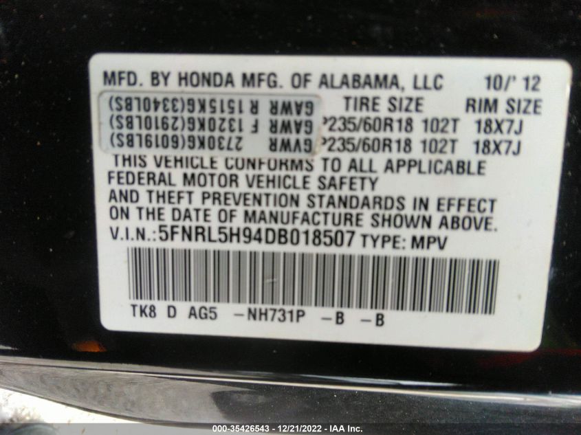 VIN 5FNRL5H94DB018507 2013 HONDA ODYSSEY no.9