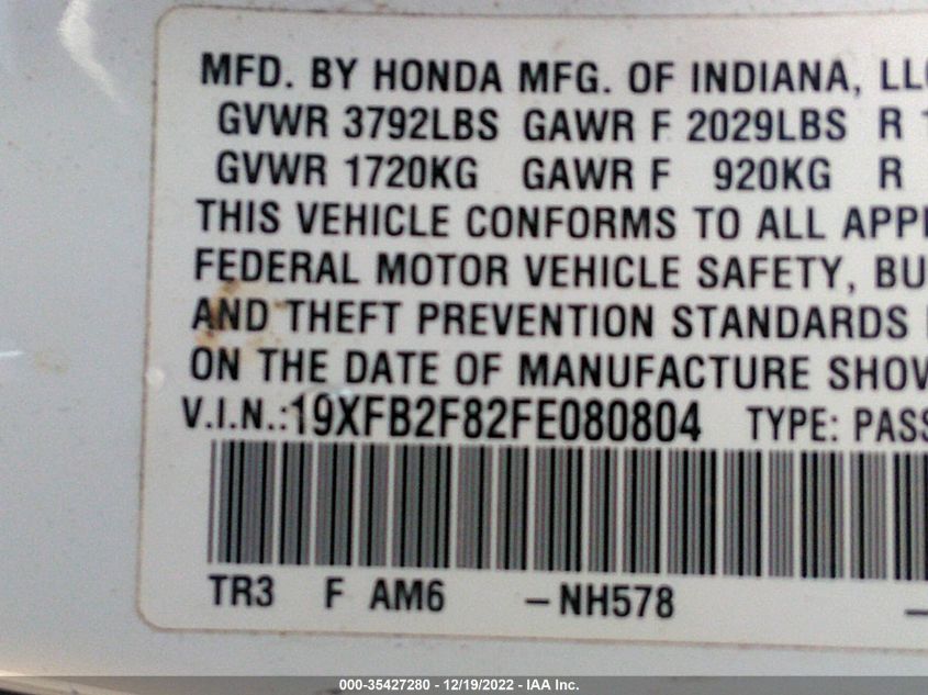 2015 HONDA CIVIC SEDAN EX 19XFB2F82FE080804