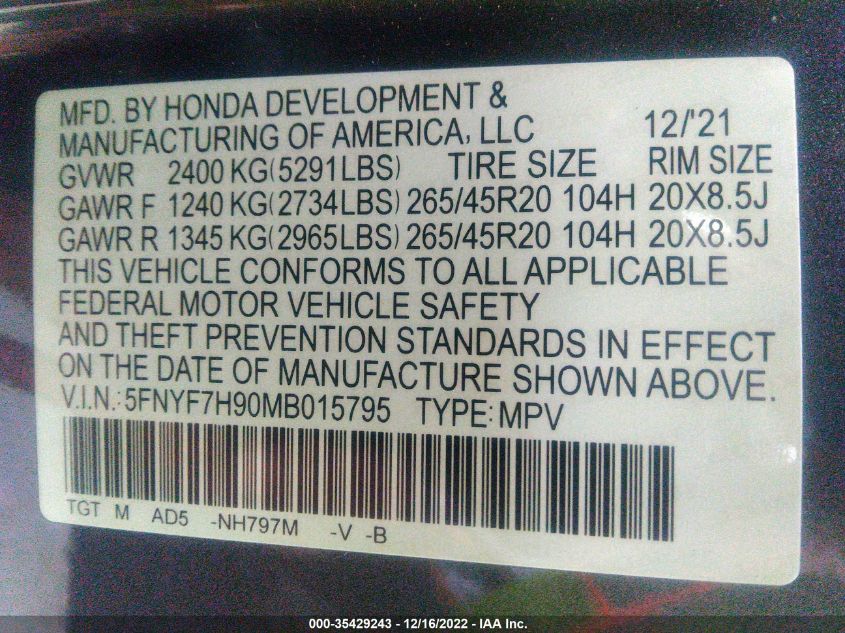2021 HONDA PASSPORT TOURING 5FNYF7H90MB015795
