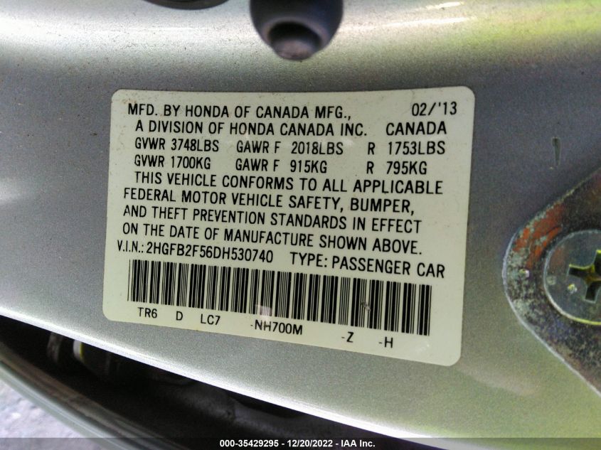 2013 HONDA CIVIC SDN LX 2HGFB2F56DH530740