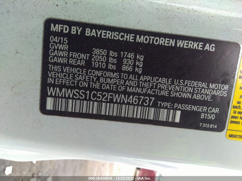 2015 MINI COOPER PACEMAN WMWSS1C52FWN46737