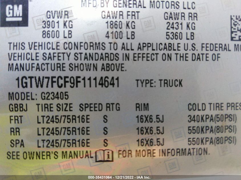 2015 GMC SAVANA CARGO VAN 1GTW7FCF9F1114641
