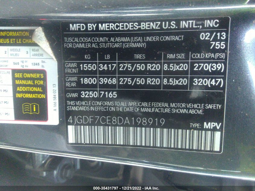 2013 MERCEDES-BENZ GL-CLASS GL 450 4JGDF7CE8DA198919