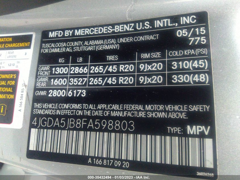 2015 MERCEDES-BENZ M-CLASS ML 350 4JGDA5JB8FA598803