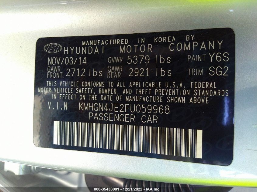 2015 HYUNDAI GENESIS 3.8L KMHGN4JE2FU059968