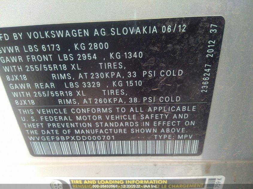 2013 VOLKSWAGEN TOUAREG SPORT WVGEF9BPXDD000701