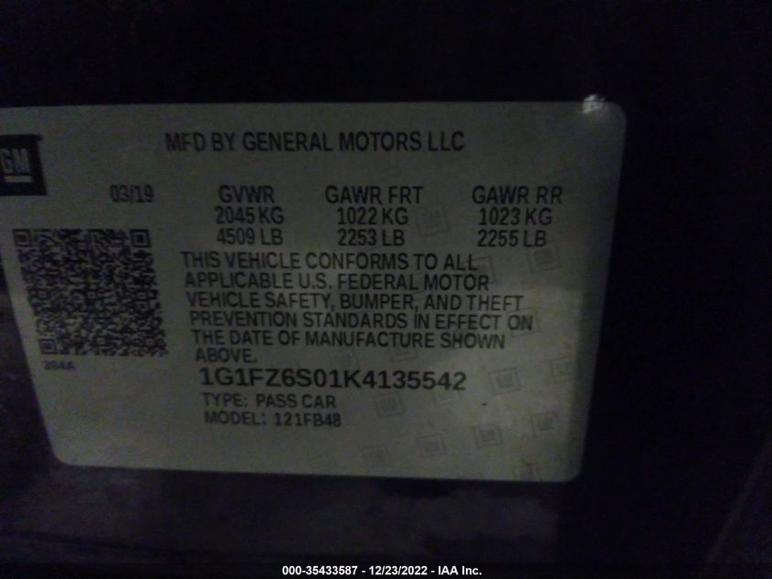 2019 CHEVROLET BOLT EV PREMIER 1G1FZ6S01K4135542