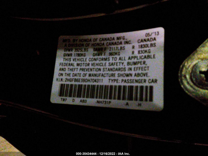 2013 HONDA CIVIC SDN SI 2HGFB6E59DH704311