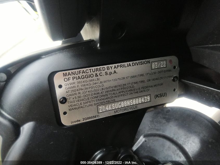 2022 APRILIA RS 660 ZD4KSUG08NS000439