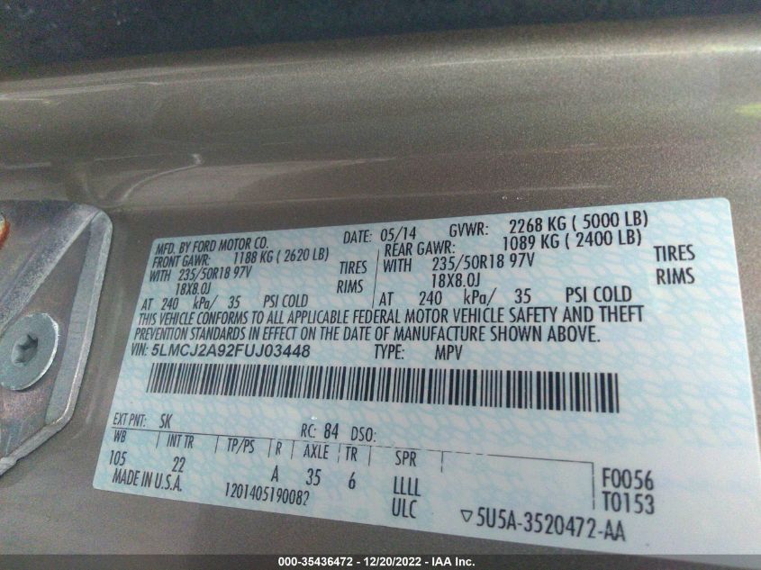 2015 LINCOLN MKC 5LMCJ2A92FUJ03448