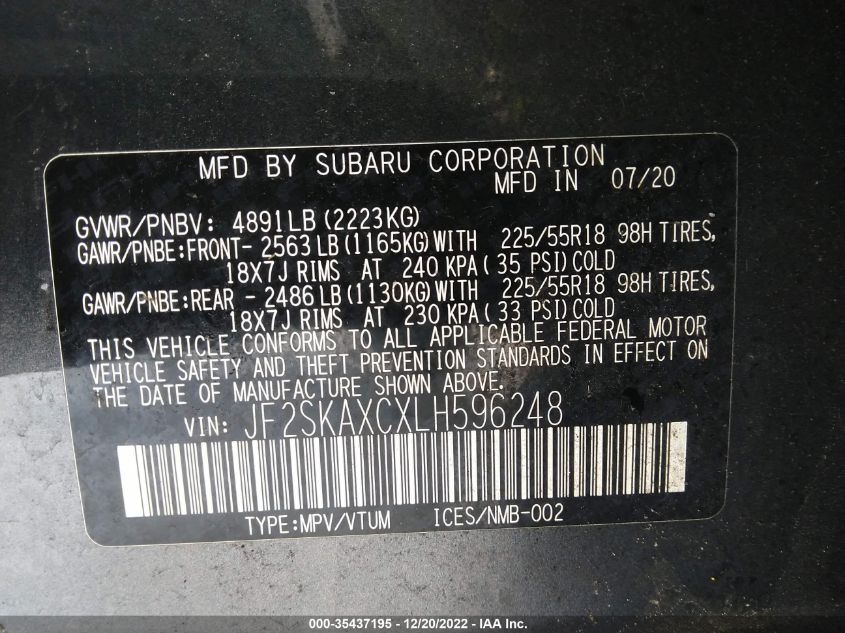 VIN JF2SKAXCXLH596248 2020 SUBARU FORESTER TOURING