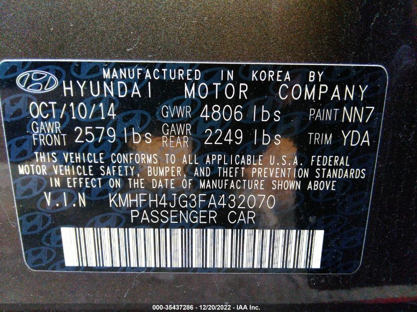 2015 HYUNDAI AZERA LIMITED KMHFH4JG3FA432070