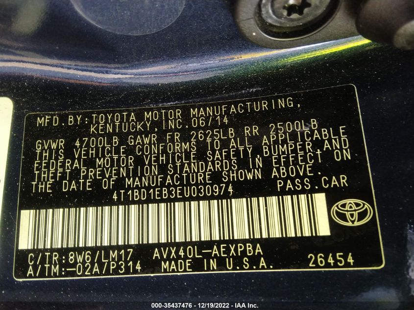 2014 TOYOTA AVALON HYBRID LIMITED/XLE TOURING 4T1BD1EB3EU030974