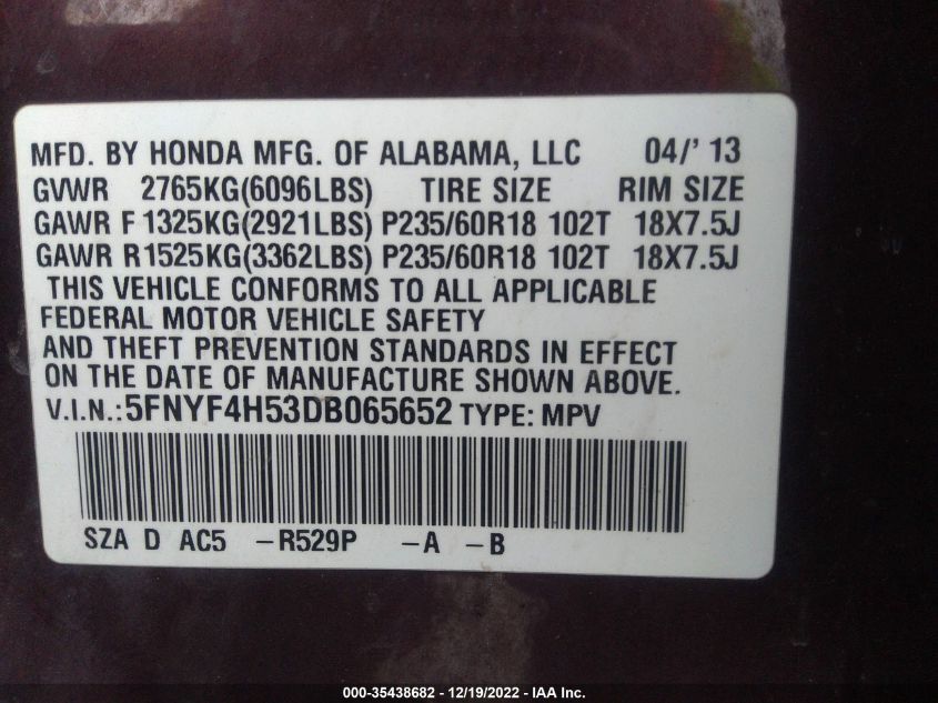 2013 HONDA PILOT EX-L - 5FNYF4H53DB065652