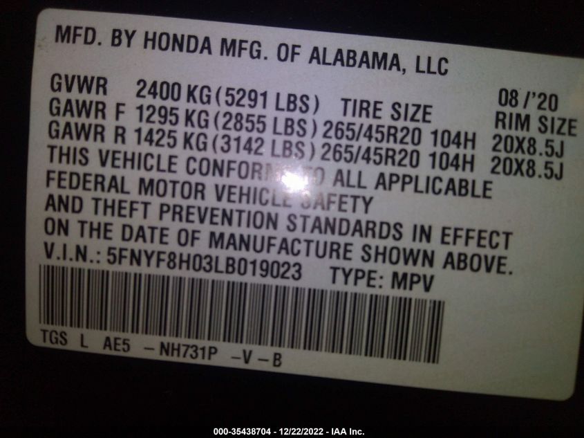 5FNYF8H03LB019023 Honda Passport ELITE 9