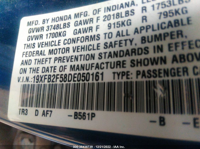 2013 HONDA CIVIC SDN LX 19XFB2F58DE050161