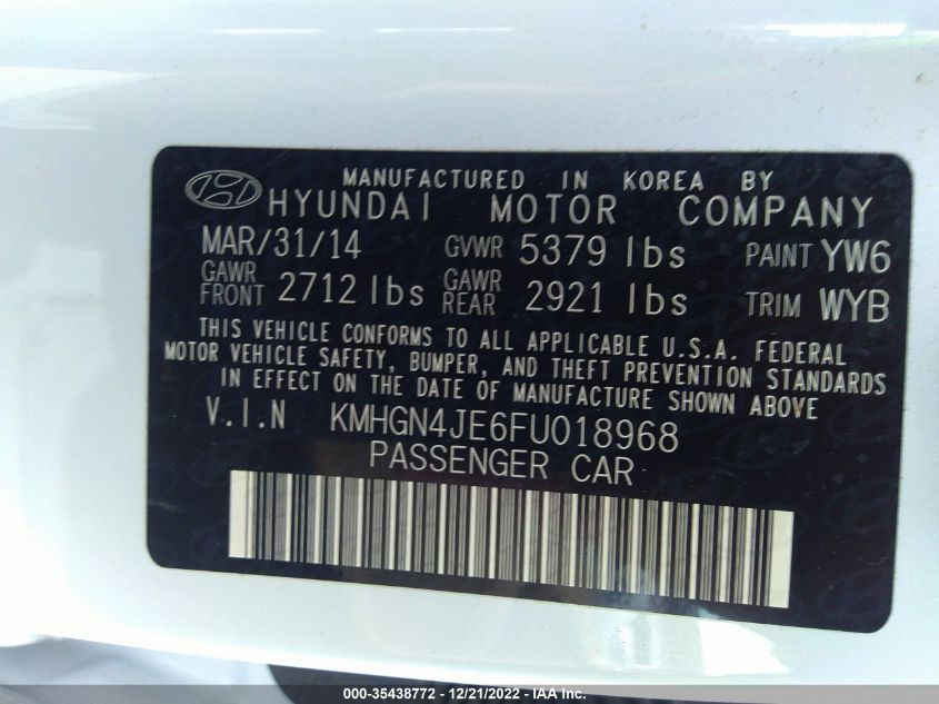 2015 HYUNDAI GENESIS 3.8L KMHGN4JE6FU018968