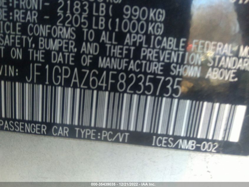 2015 SUBARU IMPREZA WAGON 2.0I SPORT LIMITED - JF1GPAZ64F8235735