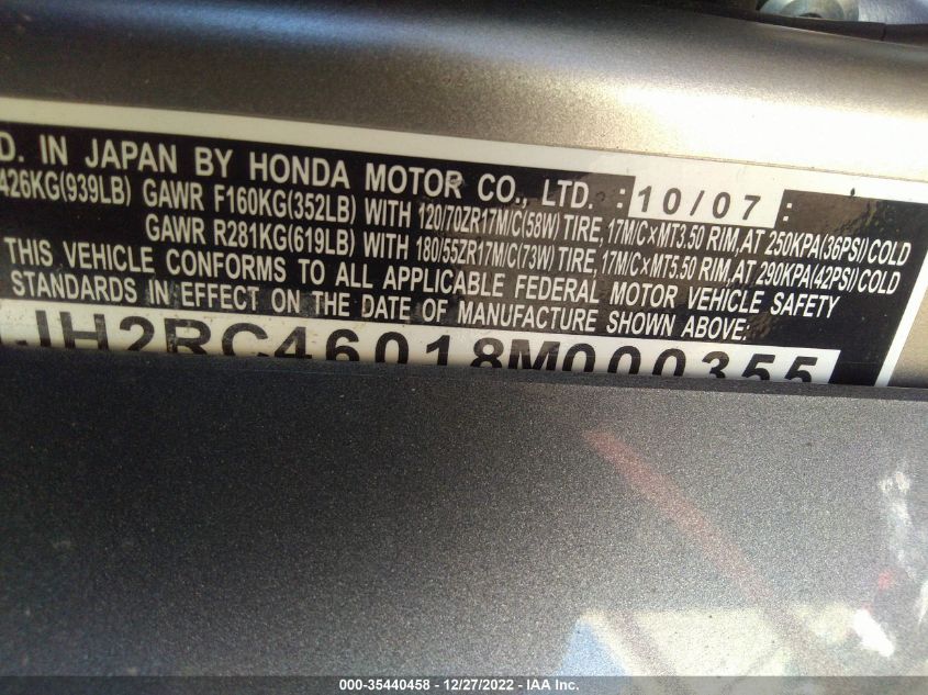 2008 HONDA VFR800 JH2RC46018M000355