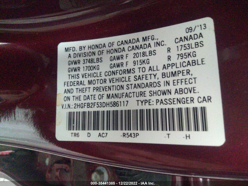 2013 HONDA CIVIC SDN LX 2HGFB2F53DH586117