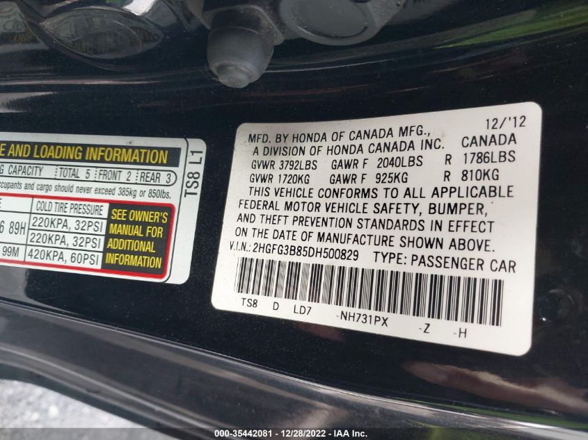 2013 HONDA CIVIC CPE EX 2HGFG3B85DH500829