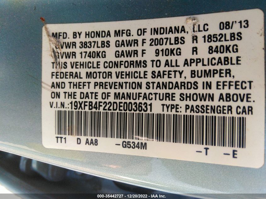 2013 HONDA CIVIC HYBRID 19XFB4F22DE003631