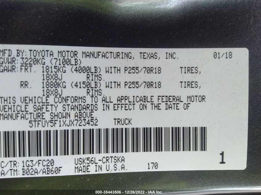 2018 TOYOTA TUNDRA 4WD SR/SR5/LIMITED 5TFUY5F1XJX723452